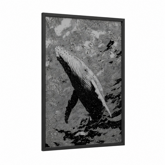 Deep Ocean Whale framed gray whale print — black wood frame — black and white palette