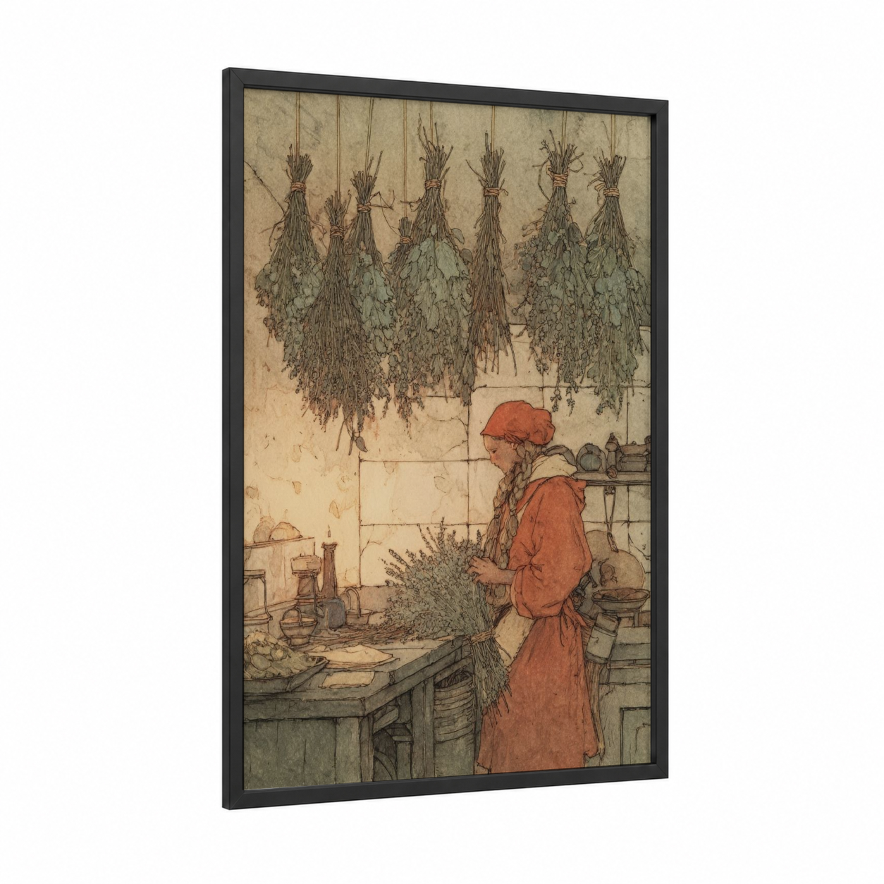 Herbal Elf framed art print — black wood frame — beige and russet palette