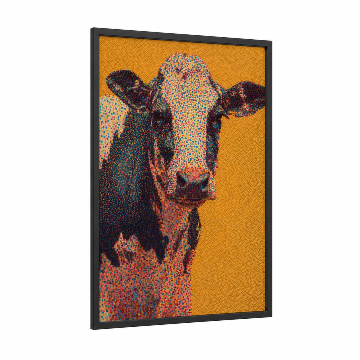 Golden Jersey Cow framed art print — black wood frame — gold and magenta palette