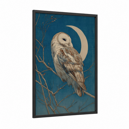 Moonlit Barn Owl framed art print — black wood frame — teal and cream palette