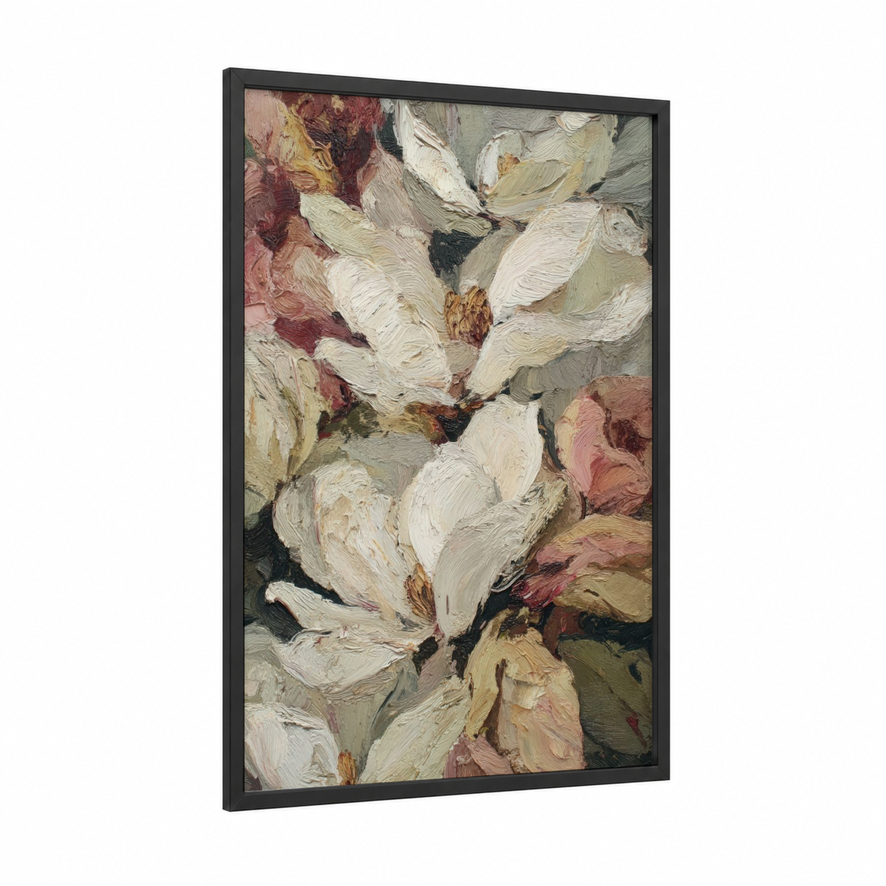 Ivory Magnolia Cluster framed art print — black wood frame — cream and maroon palette