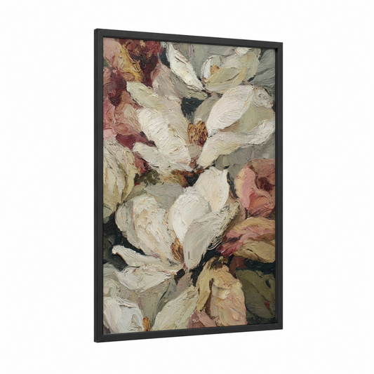 Ivory Magnolia Cluster framed art print — black wood frame — cream and maroon palette