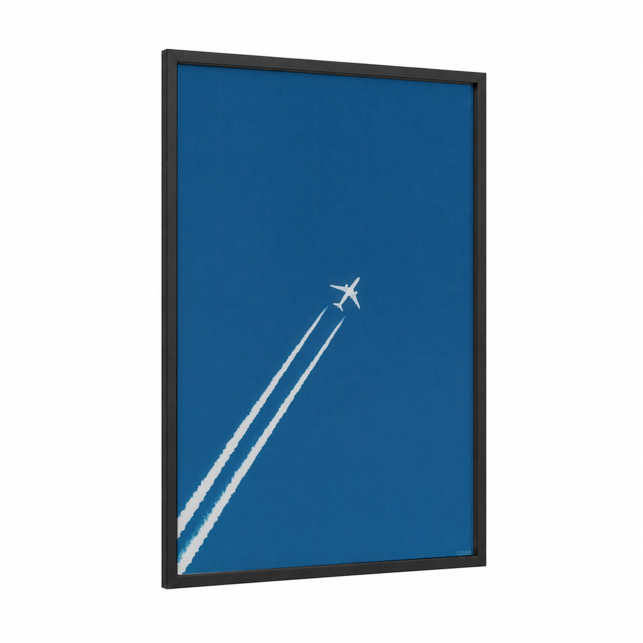 Skyward Ascent framed commercial plane print — black wood frame — blue and white palette