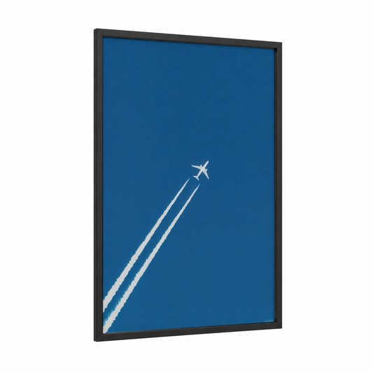 Skyward Ascent framed commercial plane print — black wood frame — blue and white palette