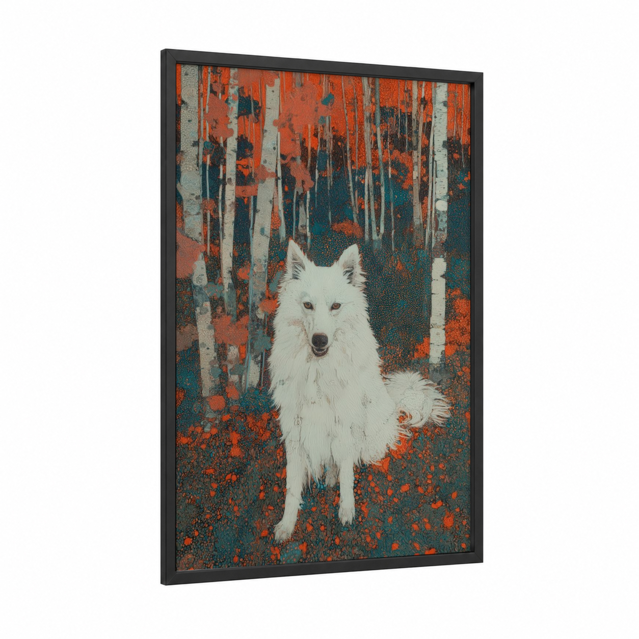 Autumn Spitz framed art print — black wood frame — red and teal palette