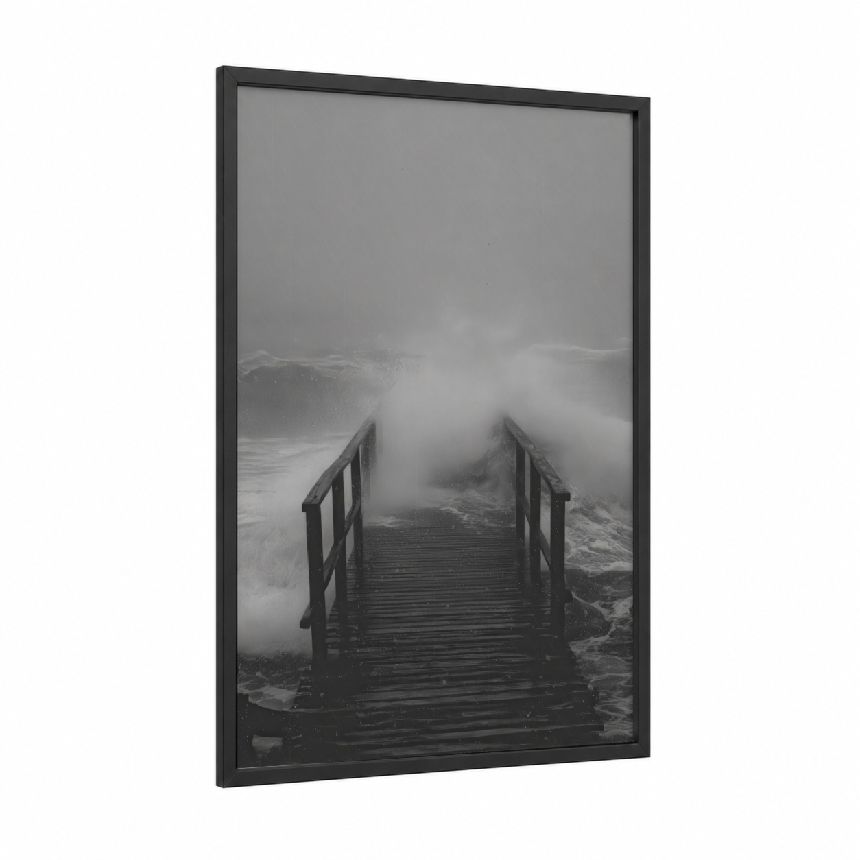 Misty Pier Gateway framed docks and piers print — black wood frame — black and white and gray palette
