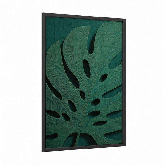 Carved Monstera Leaf framed woodcarving print — black wood frame — teal and dark green palette