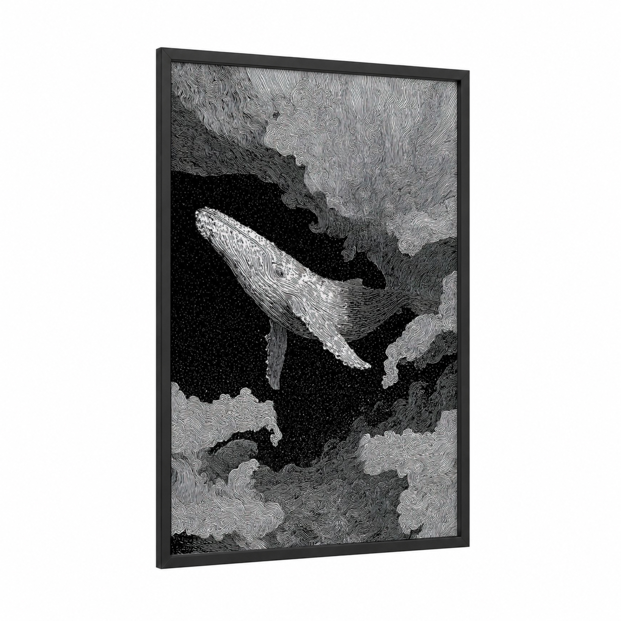 Celestial Gray Whale framed art print — black wood frame — black and white palette