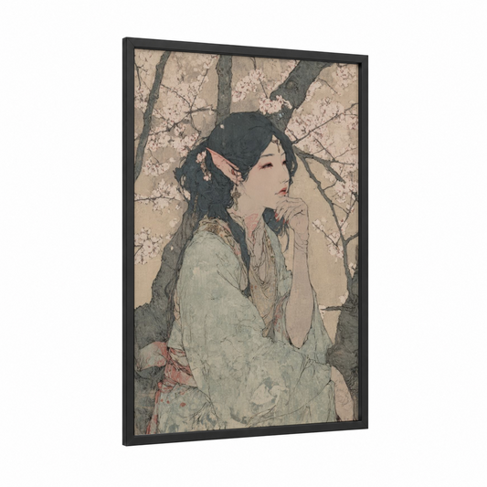 Cherry Blossom Elf framed art print — black wood frame — cream and sage green palette