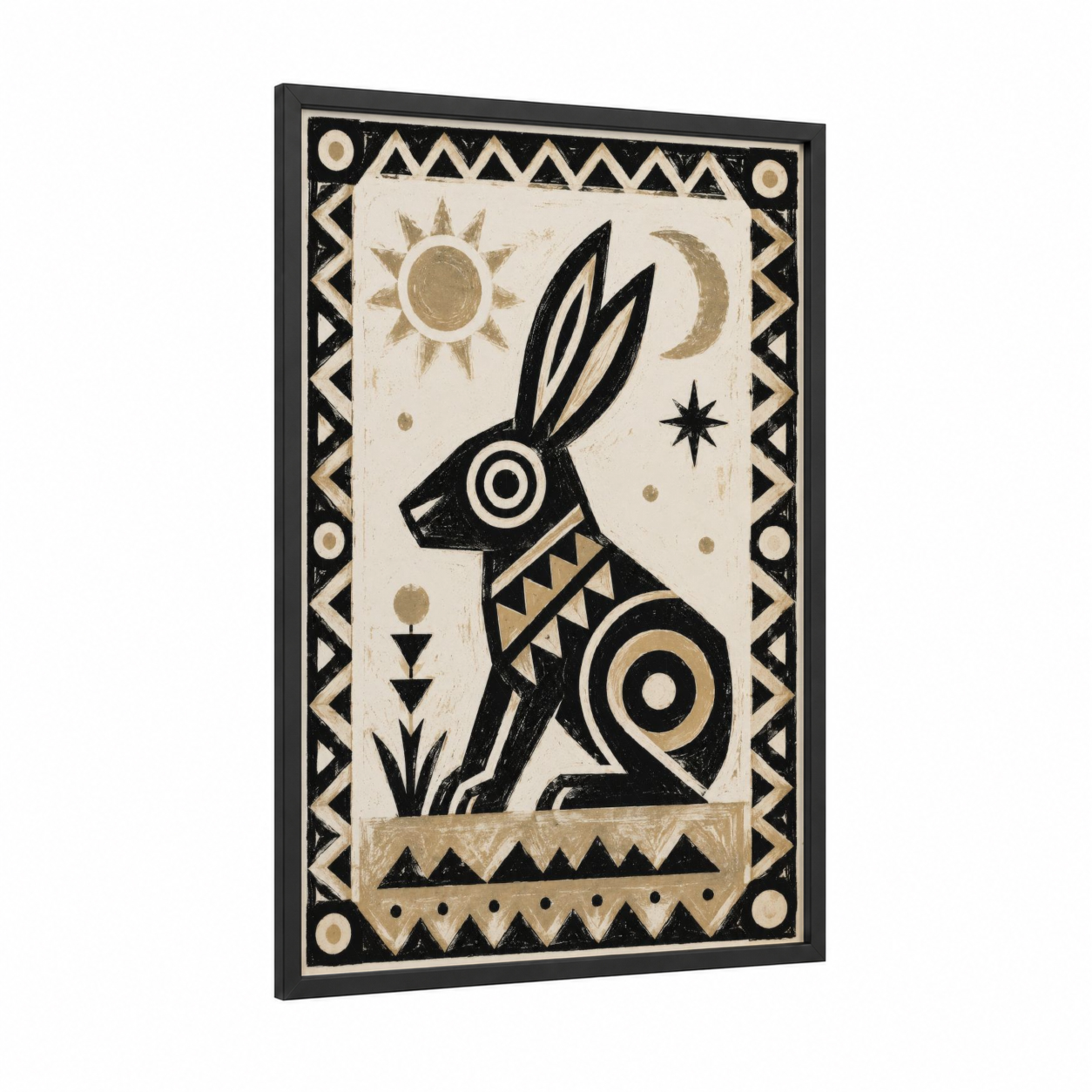 Geometric Rabbit With Celestial Symbols Wall Art framed art print — black wood frame — black and white and gold palette