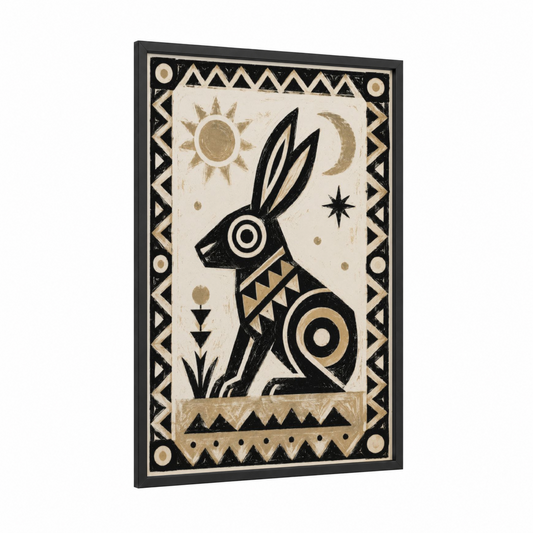 Geometric Rabbit With Celestial Symbols Wall Art framed art print — black wood frame — black and white and gold palette