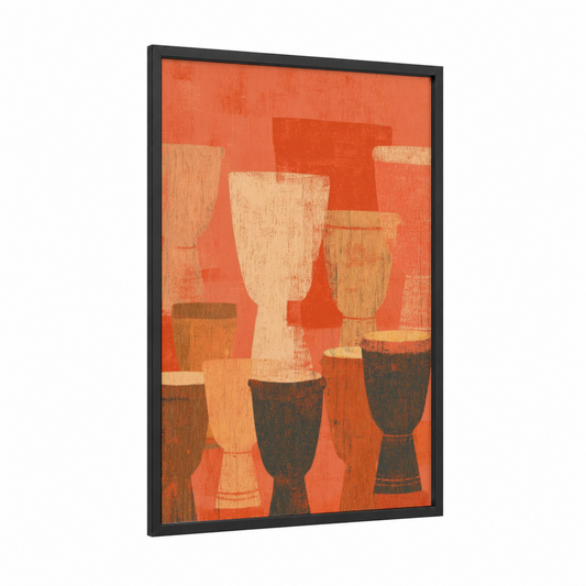 Rhythm Collection Drums framed art print — black wood frame — red and gold palette