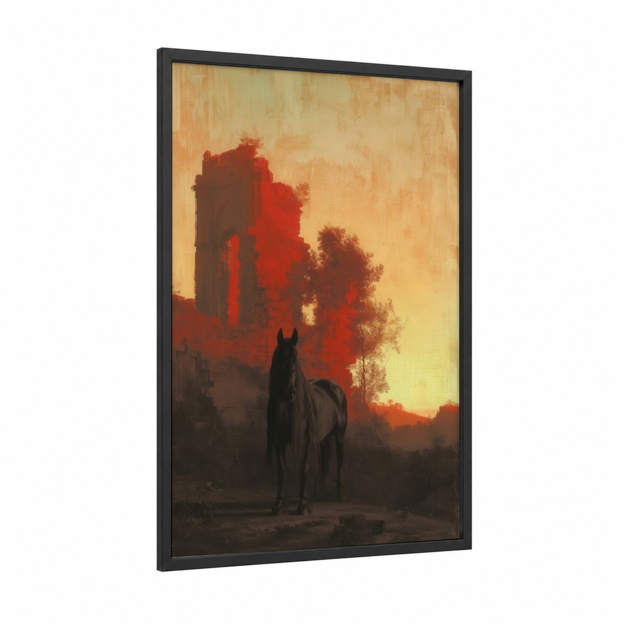 Crimson Ruins Friesian framed friesian horse print — black wood frame — gold and red palette