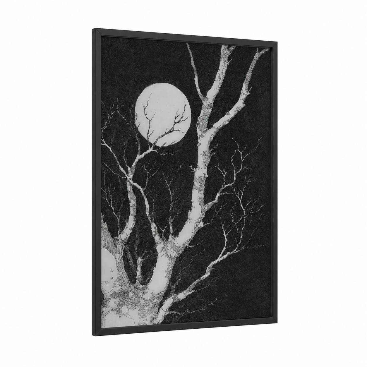Moonlit Birch framed birch tree print — black wood frame — black and white palette