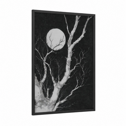 Moonlit Birch framed birch tree print — black wood frame — black and white palette