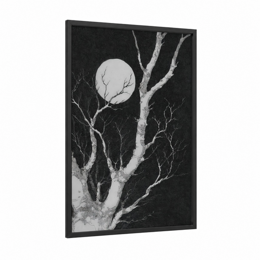 Moonlit Birch framed birch tree print — black wood frame — black and white palette