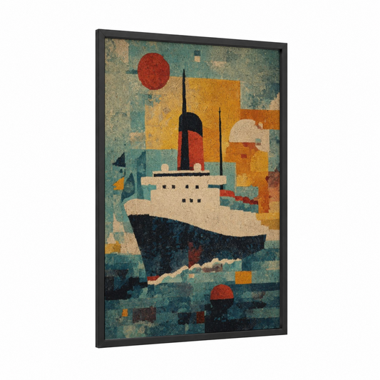 Vintage Cruise Ship framed art print — black wood frame — teal and gold palette
