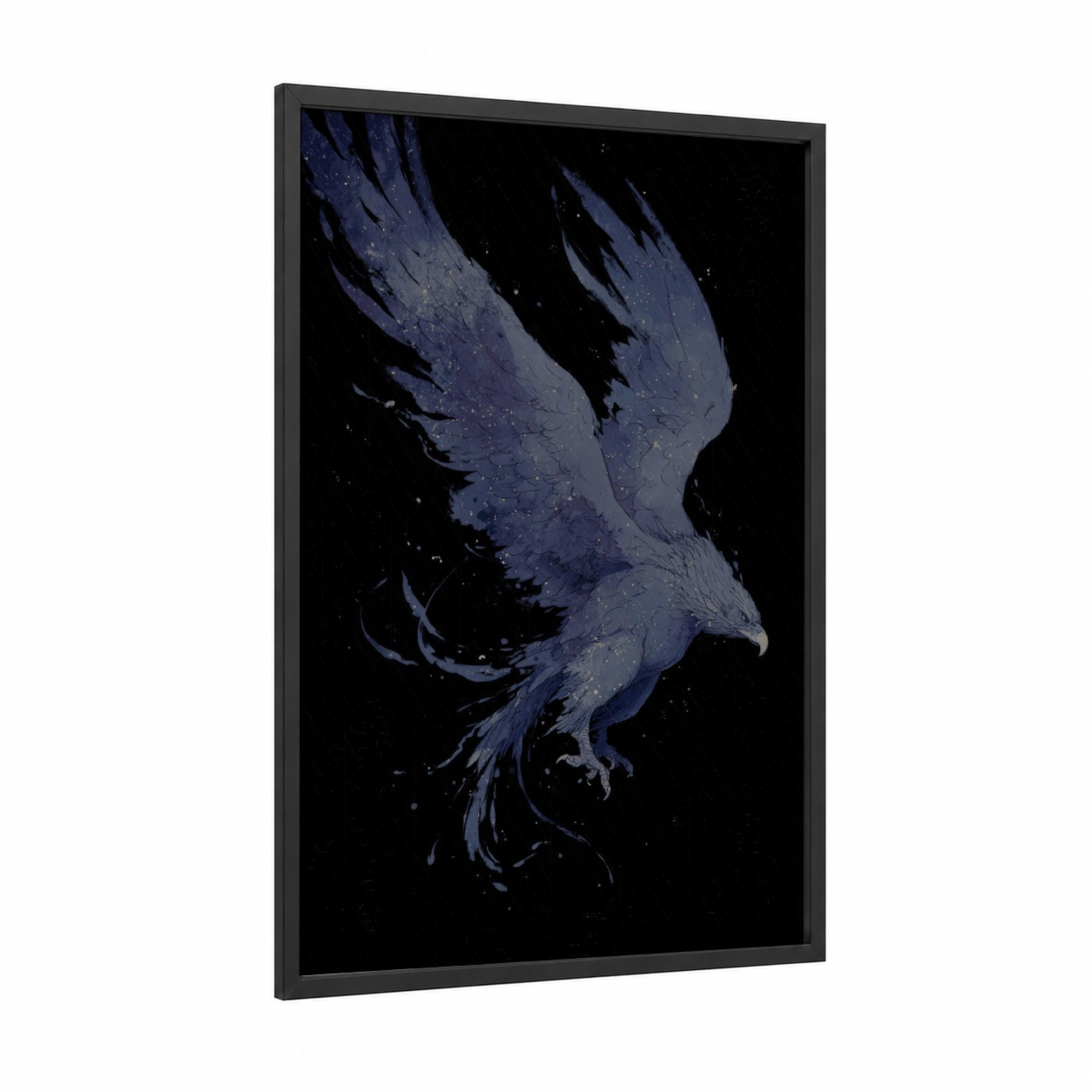 Celestial Griffin framed art print — black wood frame — dark blue and blue palette