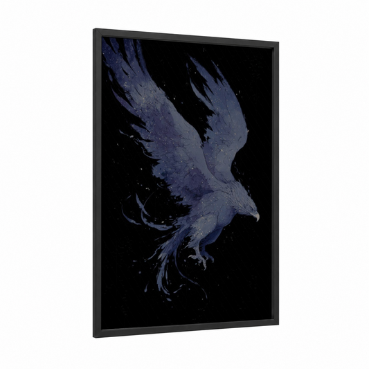 Celestial Griffin framed art print — black wood frame — dark blue and blue palette