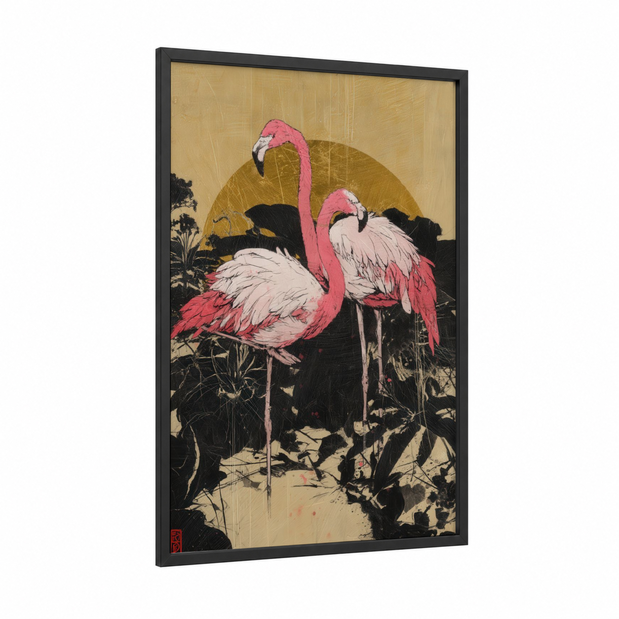 Golden Hour Flamingos framed art print — black wood frame — gold and pink palette