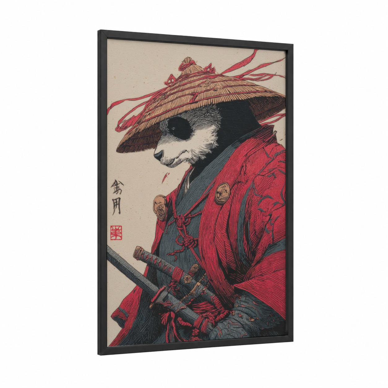 Samurai Owl framed panda print — black wood frame — red and black and white palette