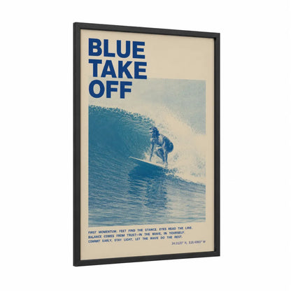Vintage Surf Rider Wall Art framed surfing print — black wood frame — blue and beige palette