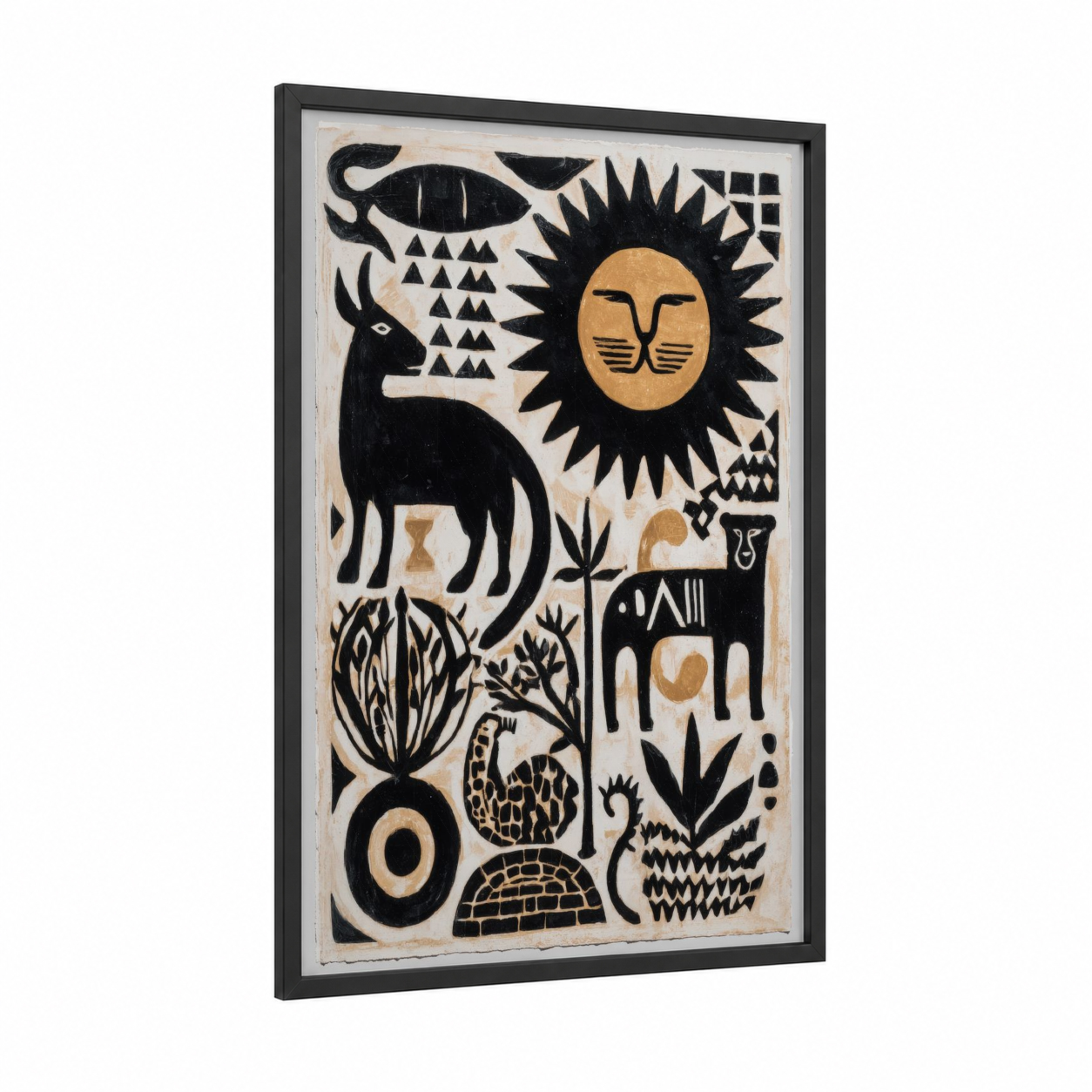Savanna Symbols framed abstract traditional print — black wood frame — black and cream palette