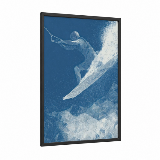 Aerial Wakeboarder framed wakeboarding print — black wood frame — blue and white palette