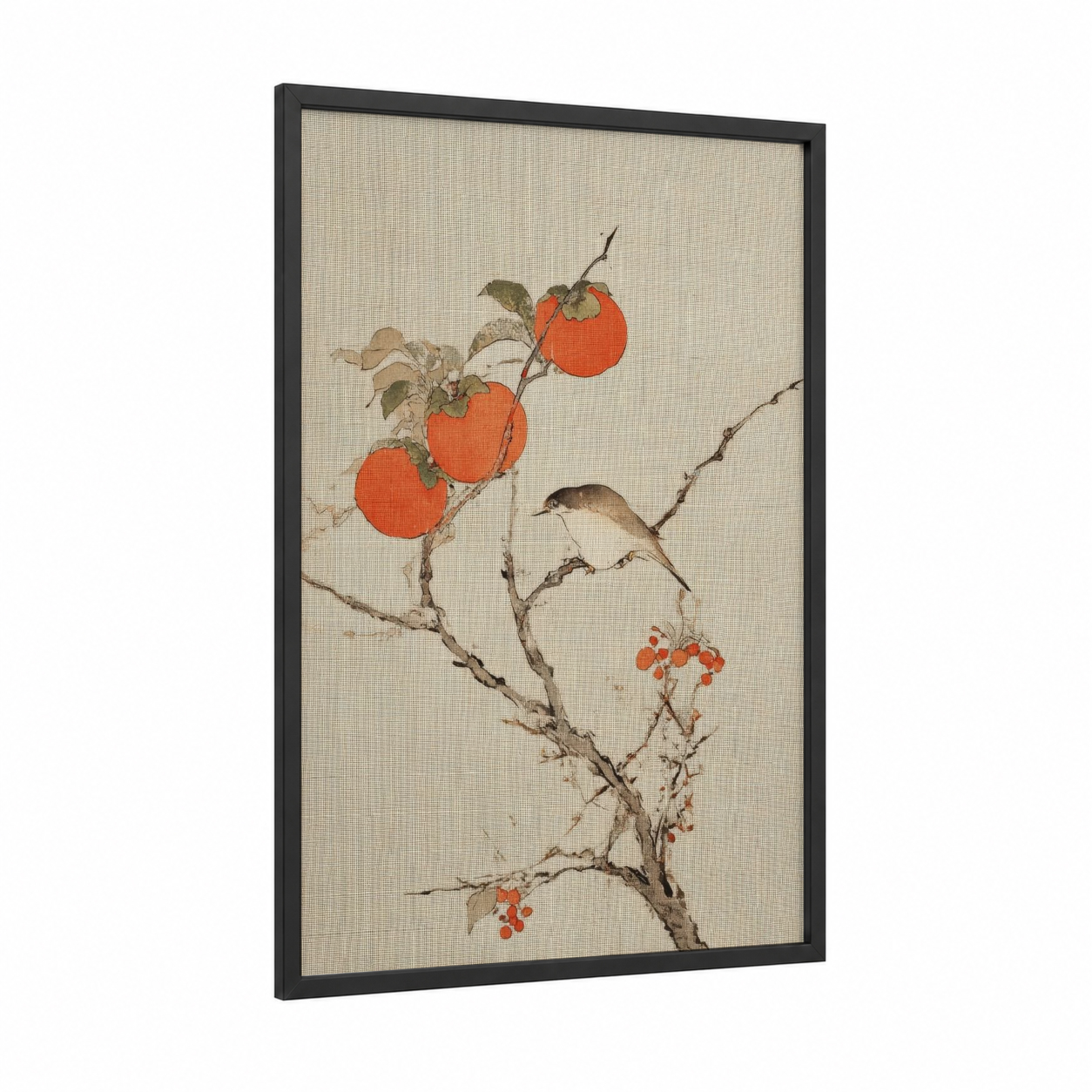 Autumn Fruit Branch framed art print — black wood frame — orange and beige palette