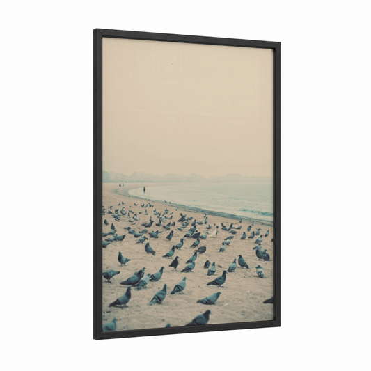 Peaceful Pigeon Flock framed art print — black wood frame — cream and blue and gray palette