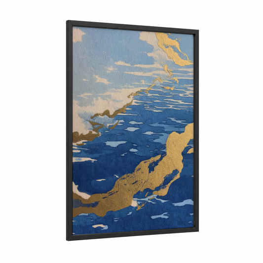 Golden Coastline framed abstract classic print — black wood frame — gold and blue palette