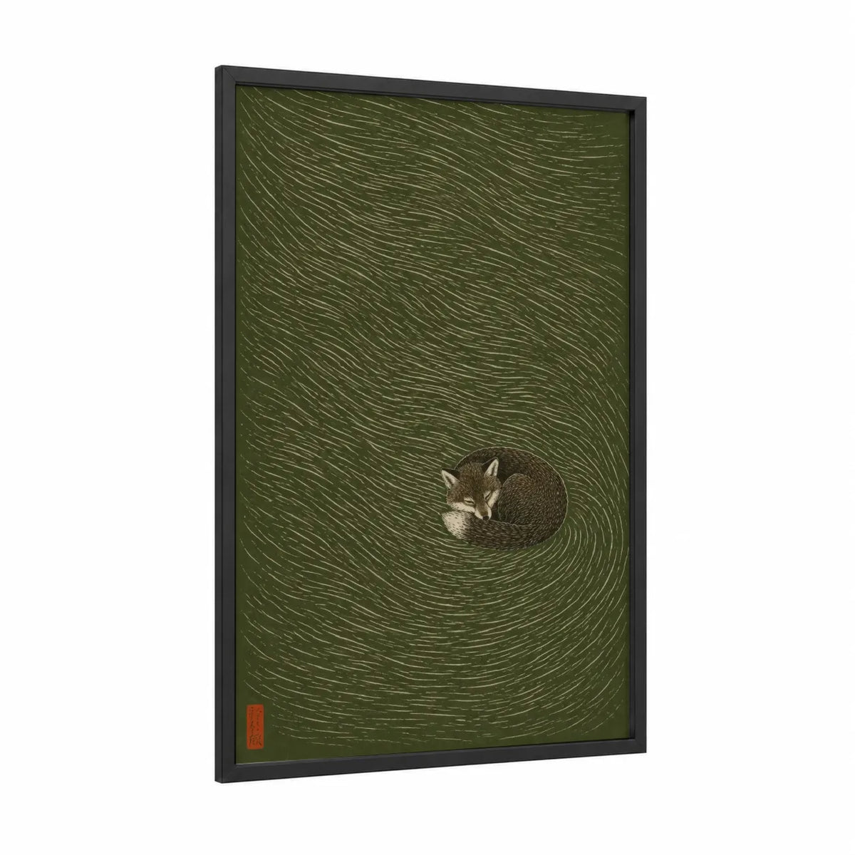 Sleeping Fox Minimalist Line Art Wall Art framed art print — black wood frame — olive and true green palette