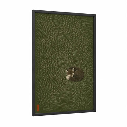 Sleeping Fox Minimalist Line Art Wall Art framed art print — black wood frame — olive and true green palette