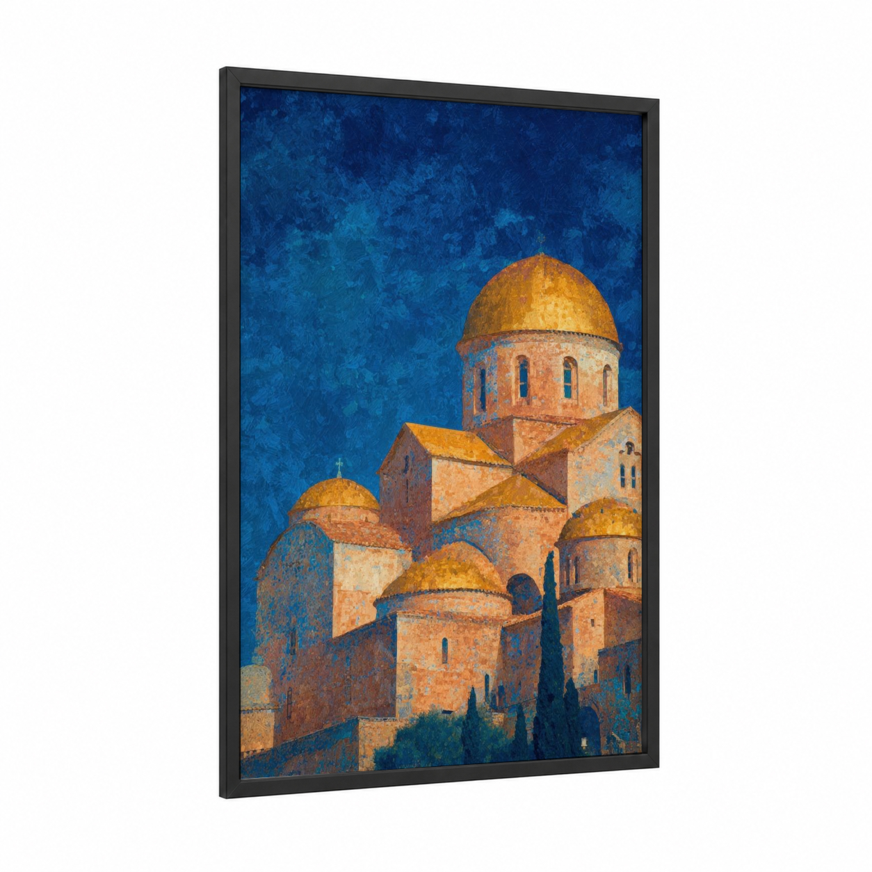 Golden Monastery framed art print — black wood frame — dark blue and gold palette