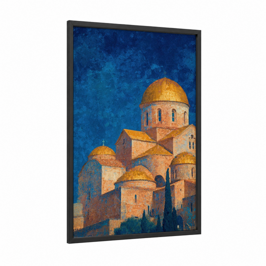 Golden Monastery framed art print — black wood frame — dark blue and gold palette