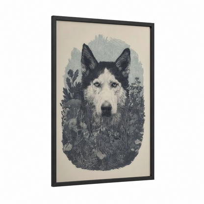 Wilderness Husky framed art print — black wood frame — black and white palette