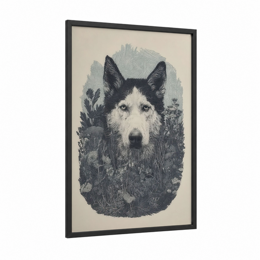 Wilderness Husky framed art print — black wood frame — black and white palette