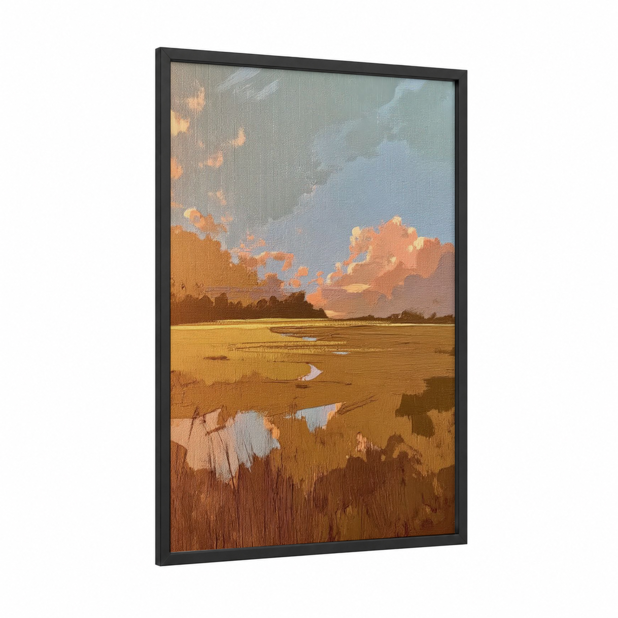 Golden Marsh Sunset framed various landscapes print — black wood frame — gold and blue and gold palette