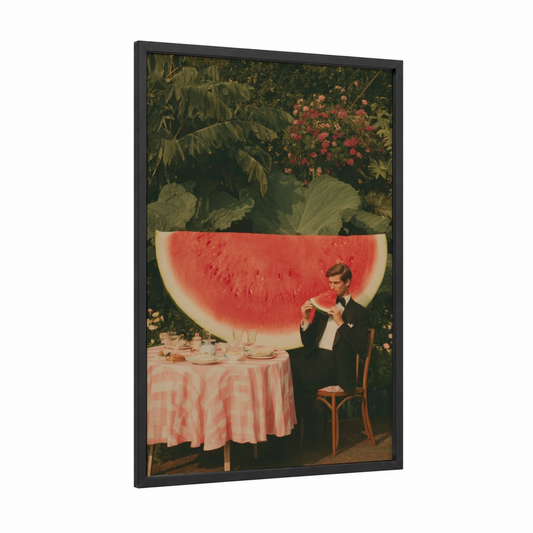 Garden Party Elegance framed fashion photography print — black wood frame — pink and green palette