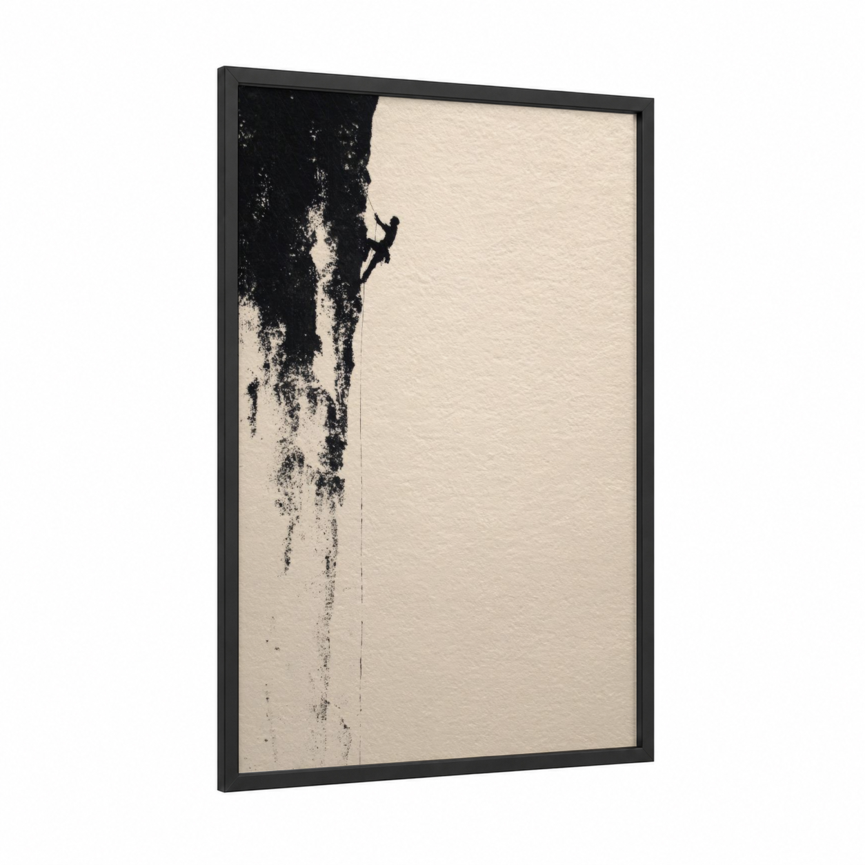 Solitary Ice Climber framed ice climbing print — black wood frame — black and white and cream palette