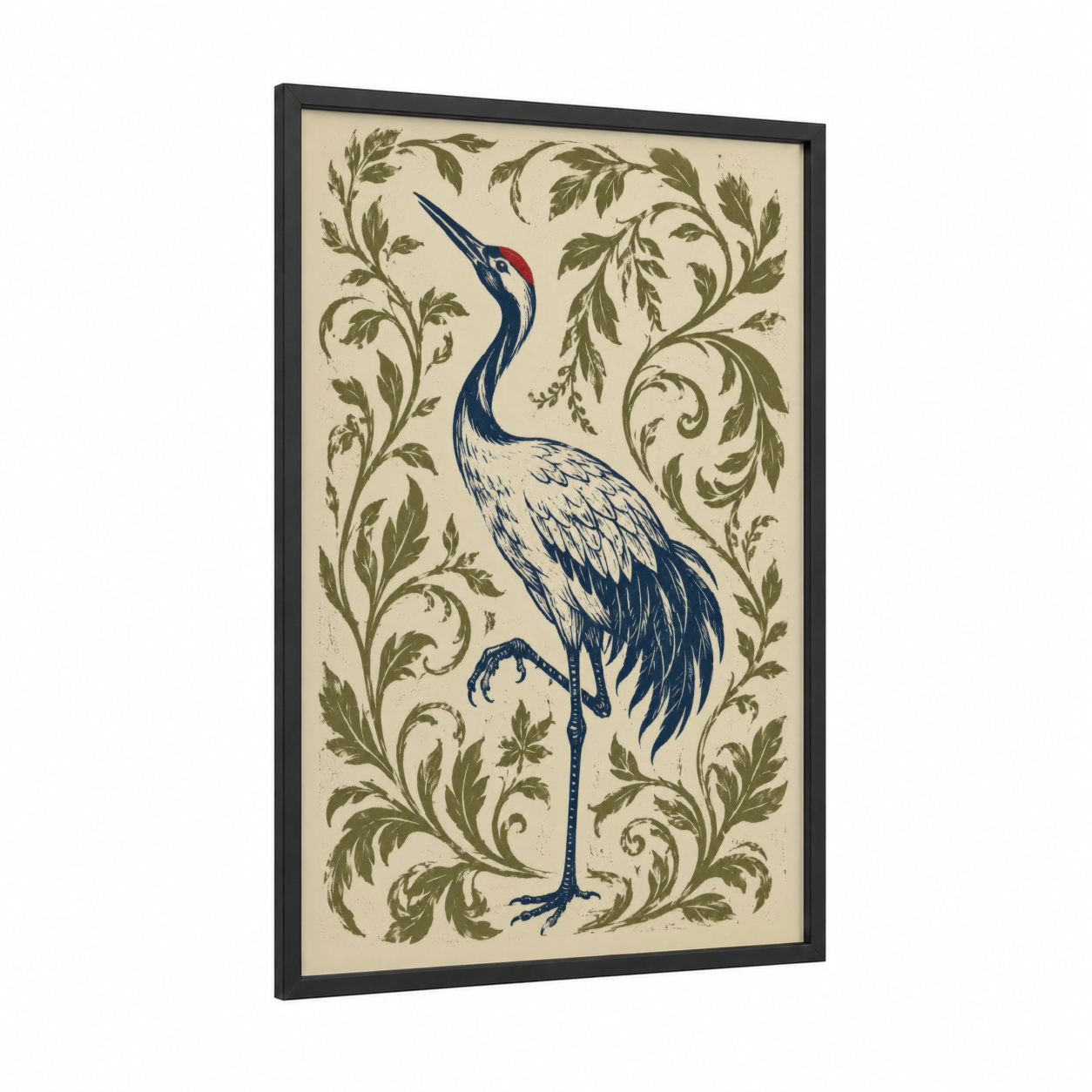 Blue Crane Botanical Wall Art framed art print — black wood frame — blue and olive palette