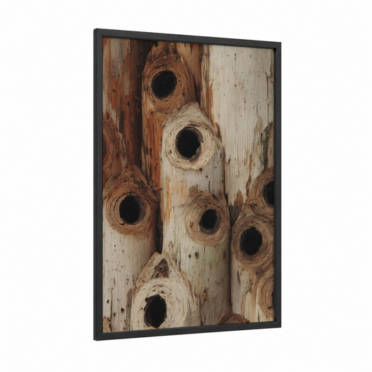 Weathered Bamboo Knots framed art print — black wood frame — brown and cream palette