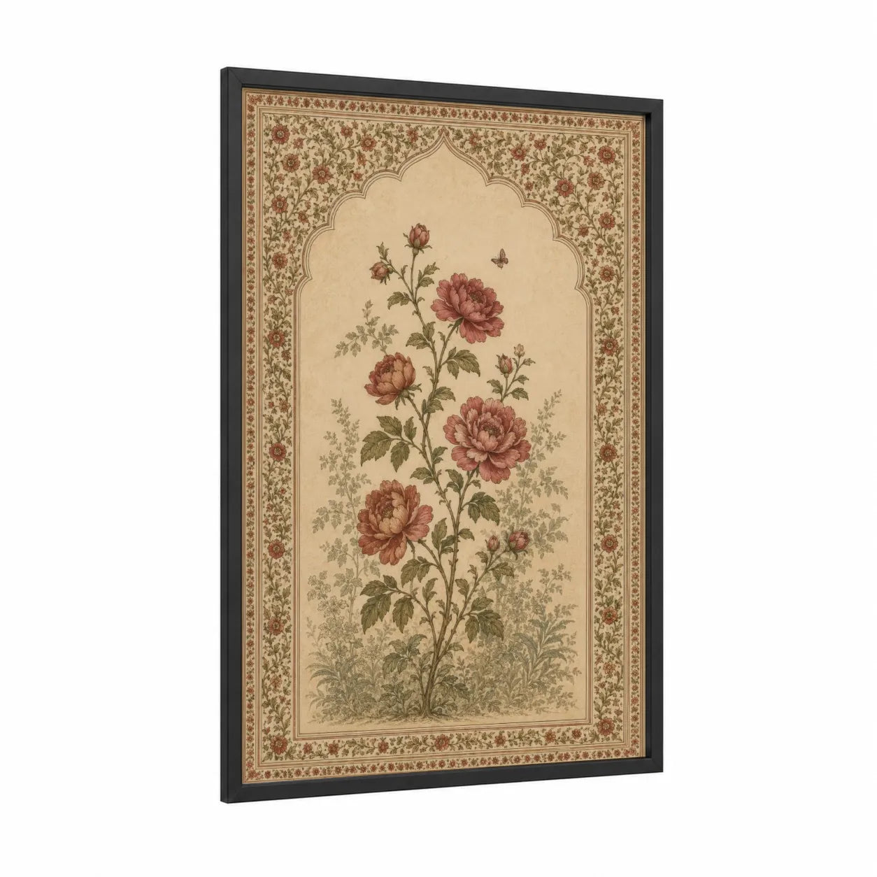 Vintage Persian Rose Garden Wall Art framed roses print — black wood frame — beige and russet palette