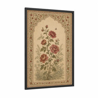 Vintage Persian Rose Garden Wall Art framed roses print — black wood frame — beige and russet palette