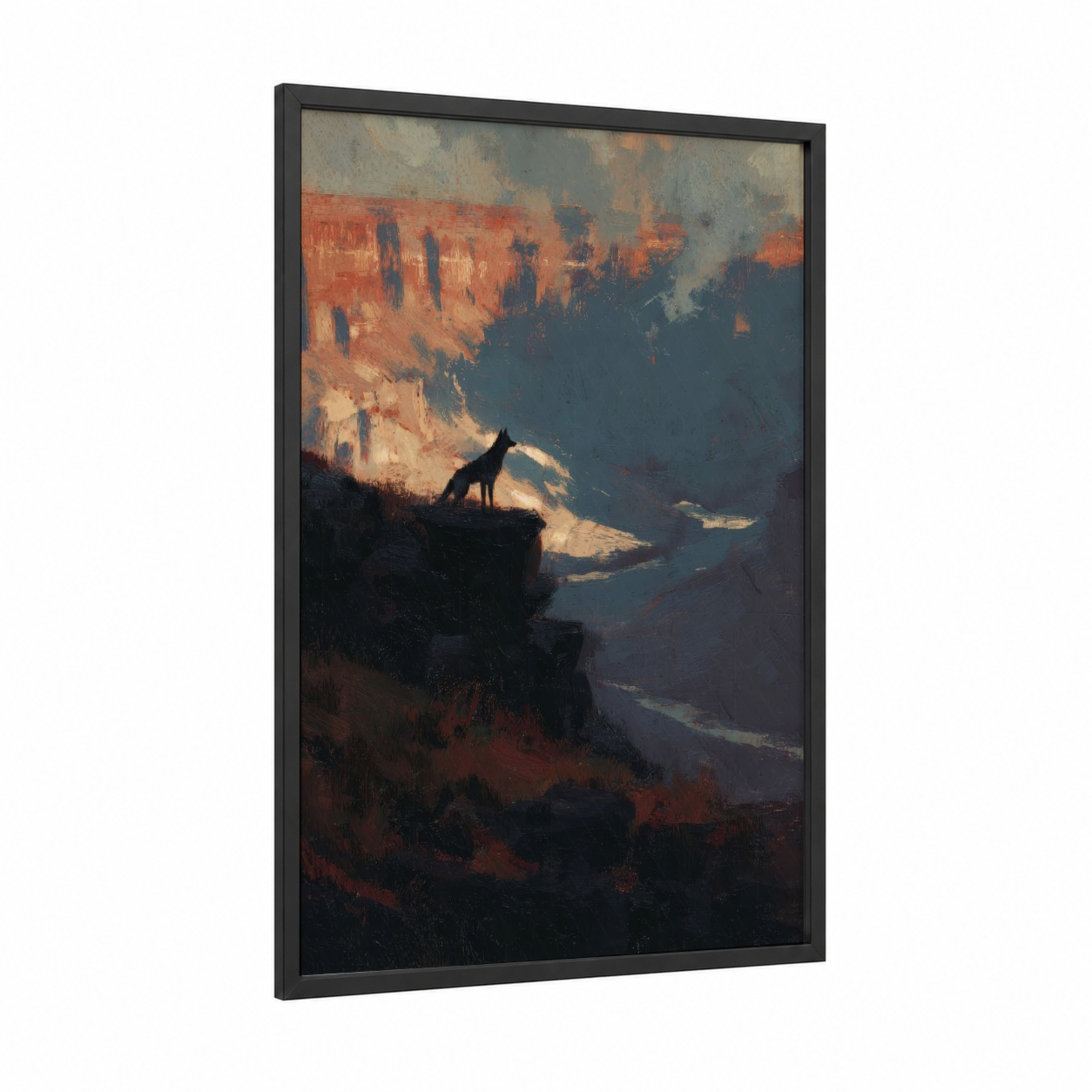 Solitary Coyote framed art print — black wood frame — blue palette