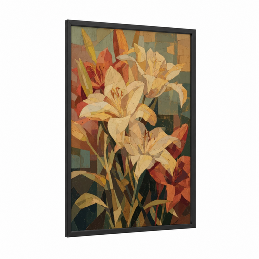 Golden Lily Arrangement framed art print — black wood frame — gold and olive palette