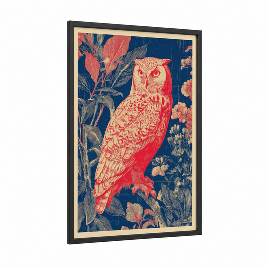 Crimson Owl Botanicals framed art print — black wood frame — red and blue and gold palette
