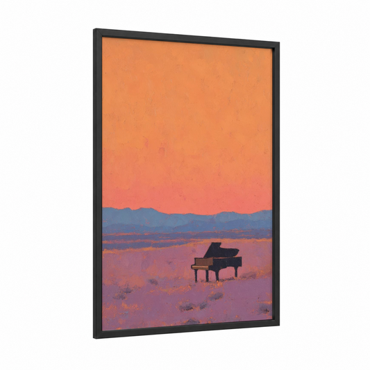 Desert Piano Sunset framed art print — black wood frame — peach and purple palette
