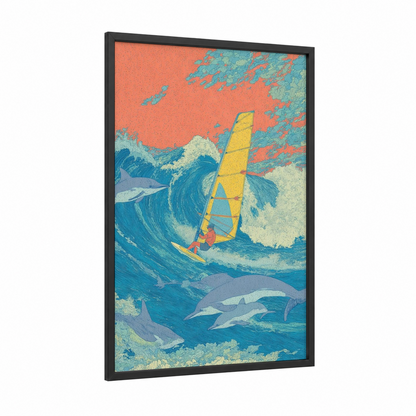 Tropical Windsurfing framed art print — black wood frame — orange and blue palette