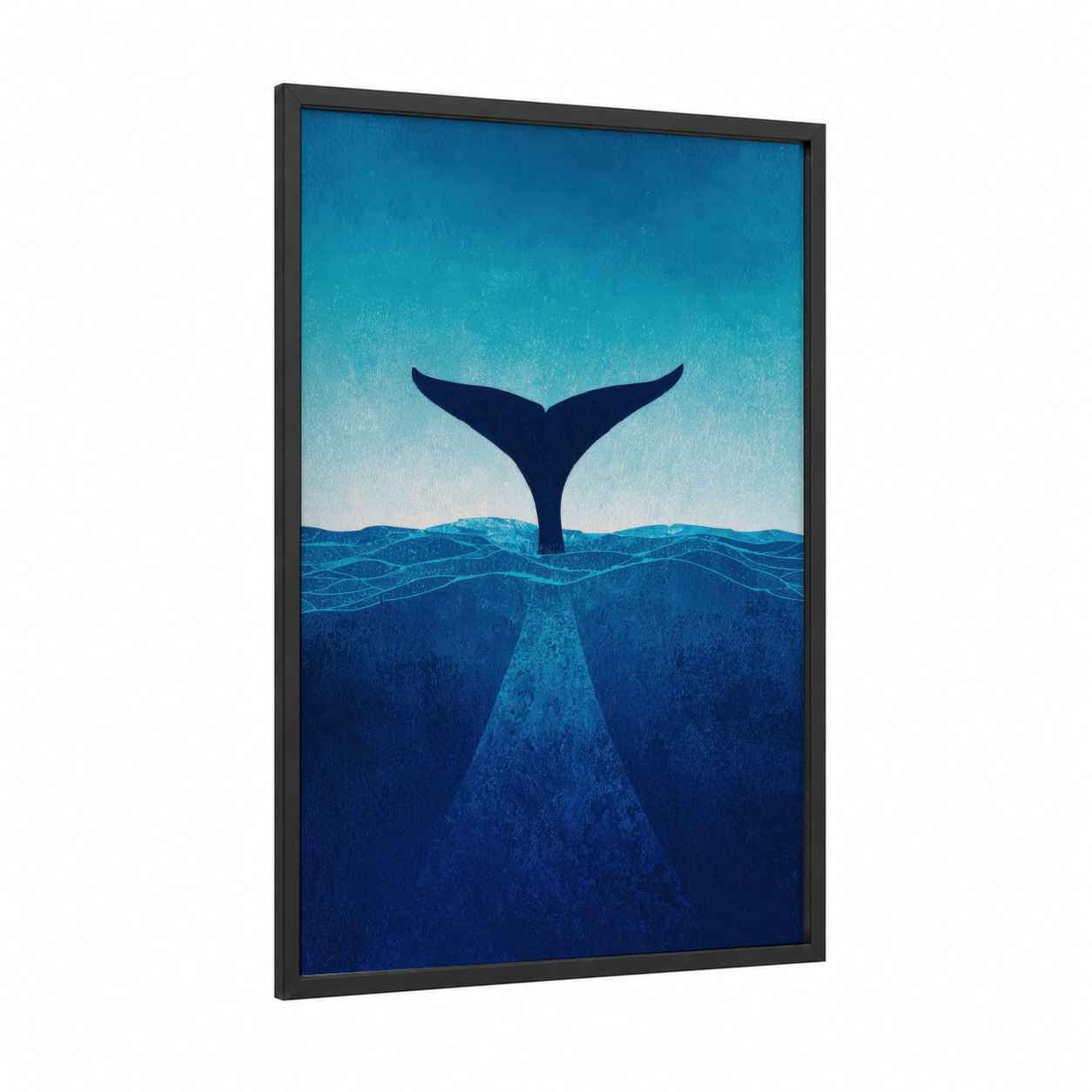 Deep Ocean Whale framed art print — black wood frame — blue and turquoise palette
